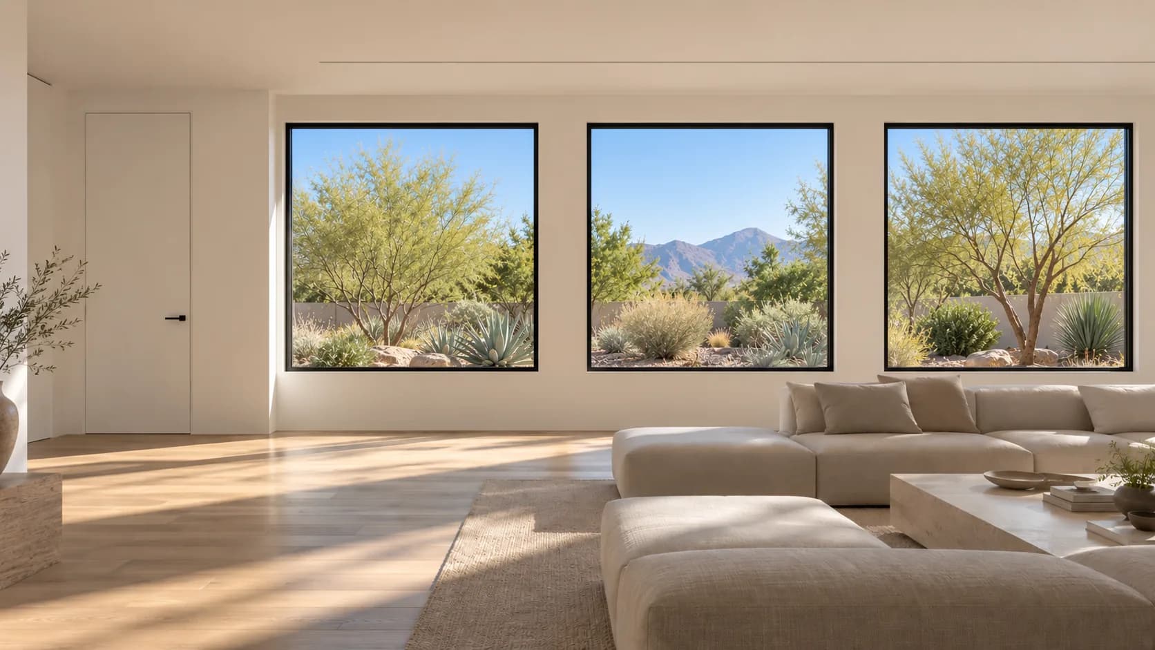Series 83 fixed windows in a white living room, desert garden beyond