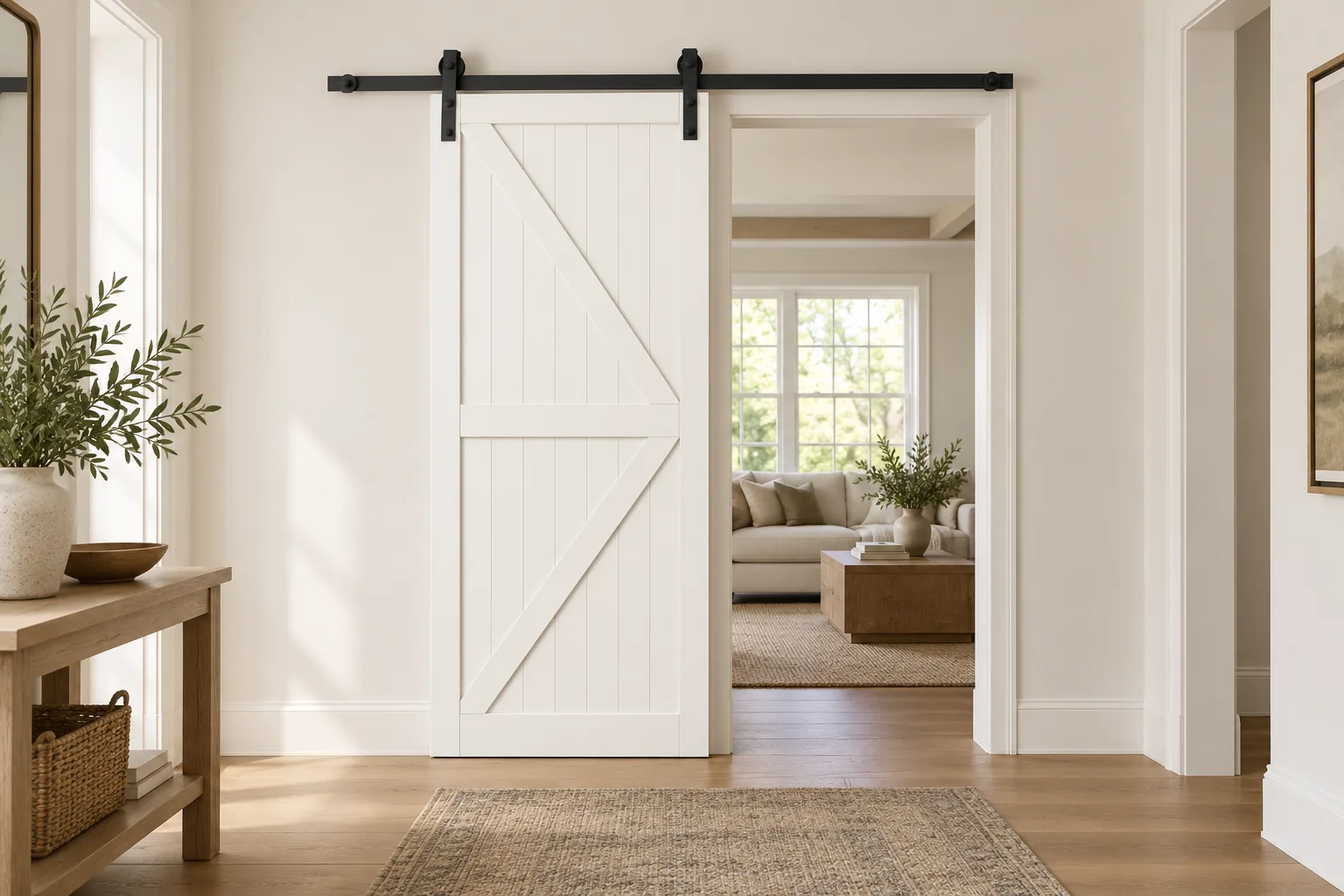 Barn door, entry hall, Snowflake White