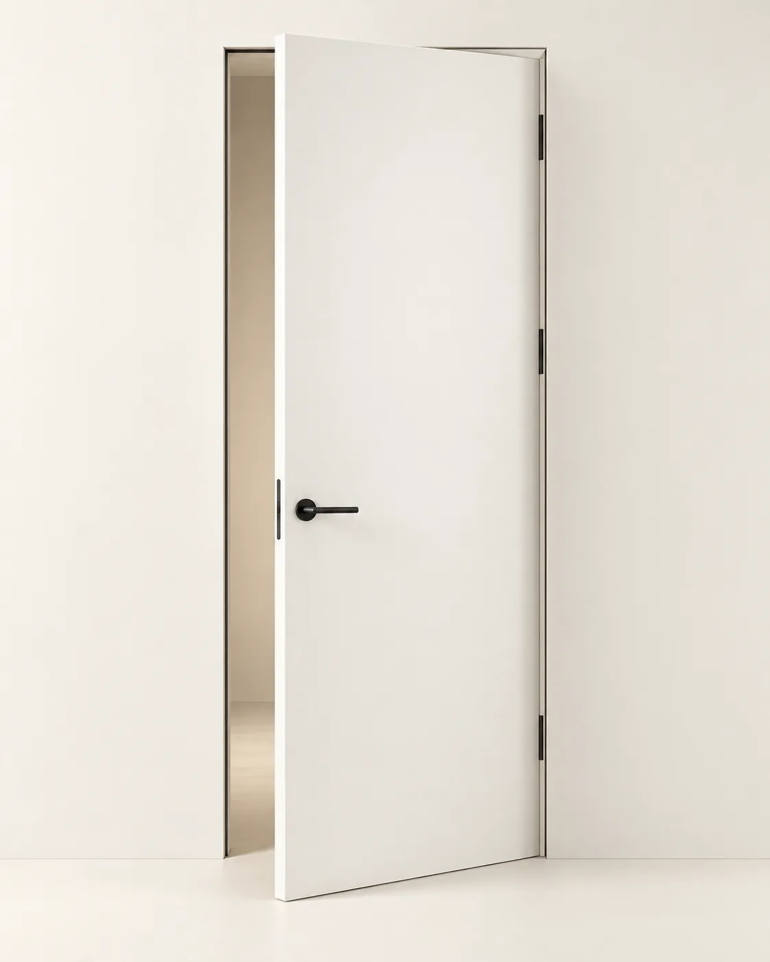 Concealed door, three-quarter · ajar, Snowflake White