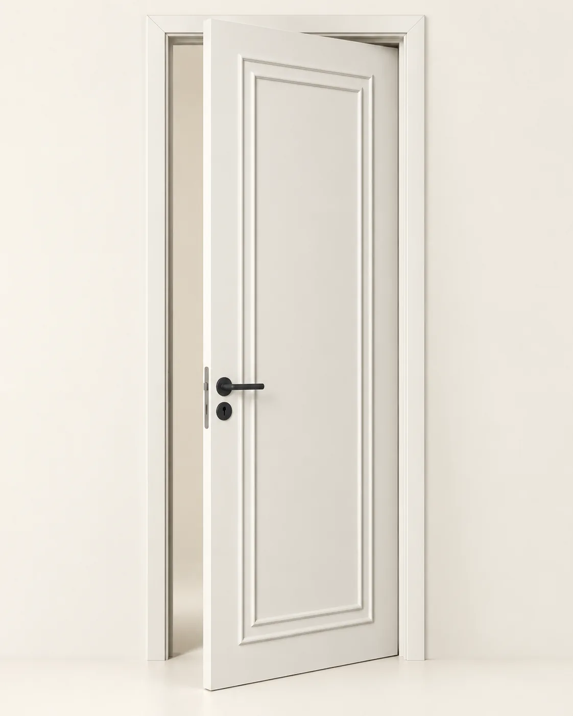 GH-1963 Moulded single panel interior door, three-quarter · ajar, Snowflake White