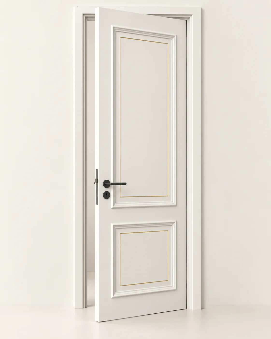 GH-1964 Two panel with inlay interior door, three-quarter · ajar, Snowflake White