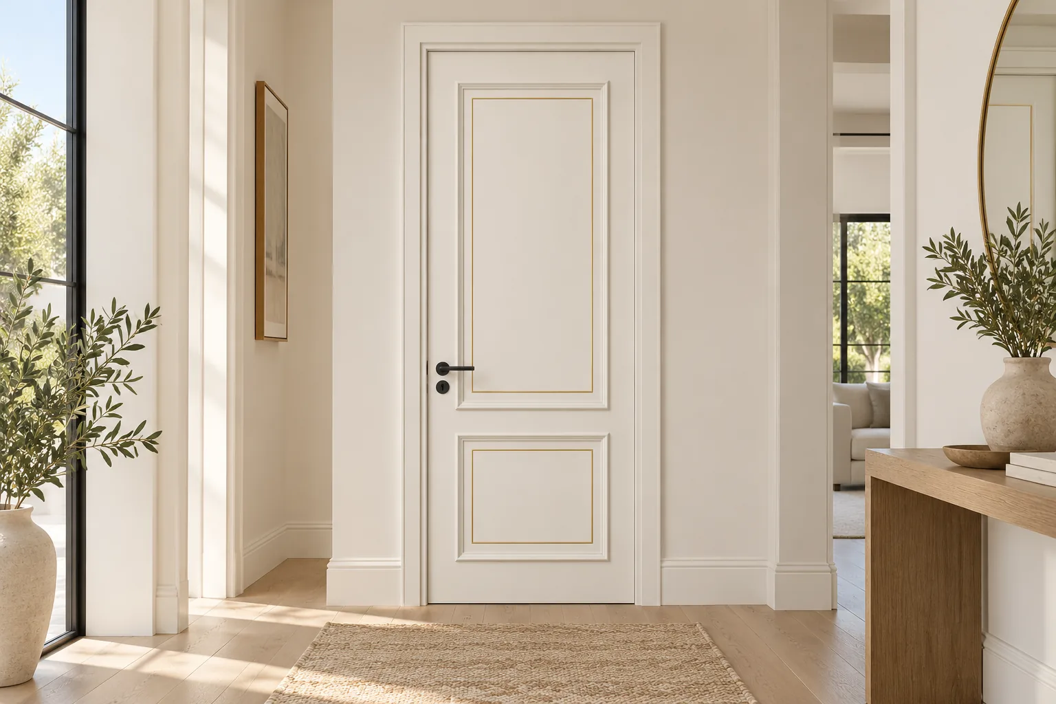 GH-1964 Two panel with inlay interior door, entry hall, Snowflake White