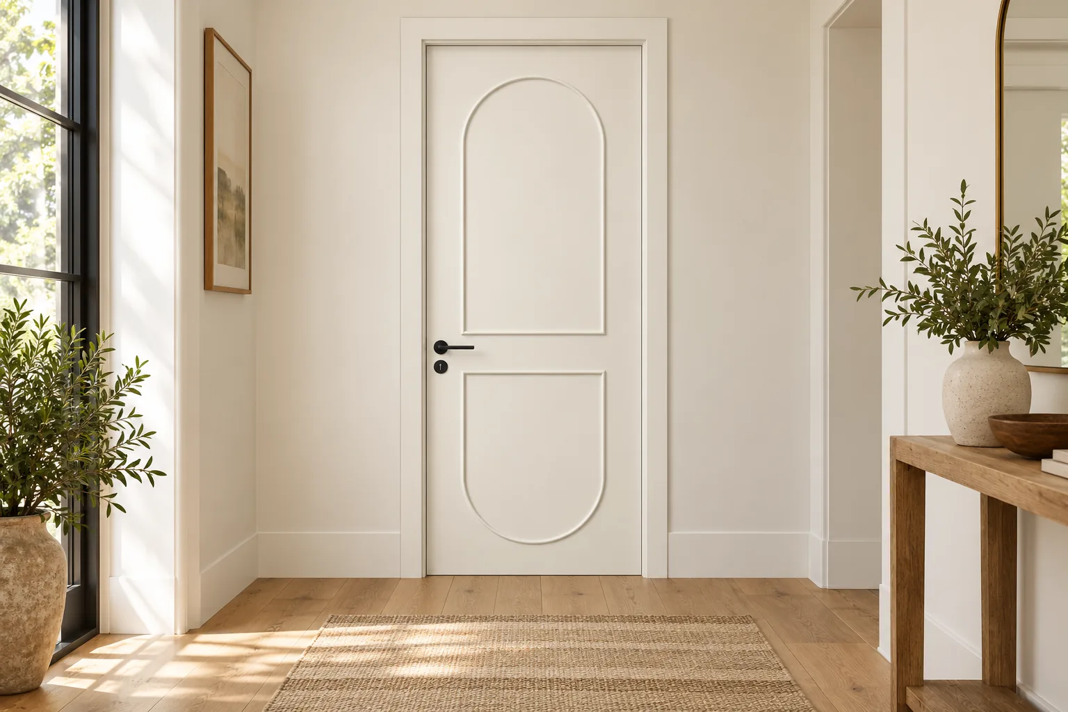 GH-1975 Arched two panel interior door, entry hall, Snowflake White