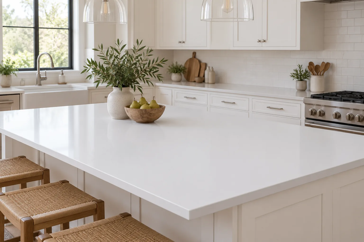 S104 Fuji White quartz slab, kitchen island
