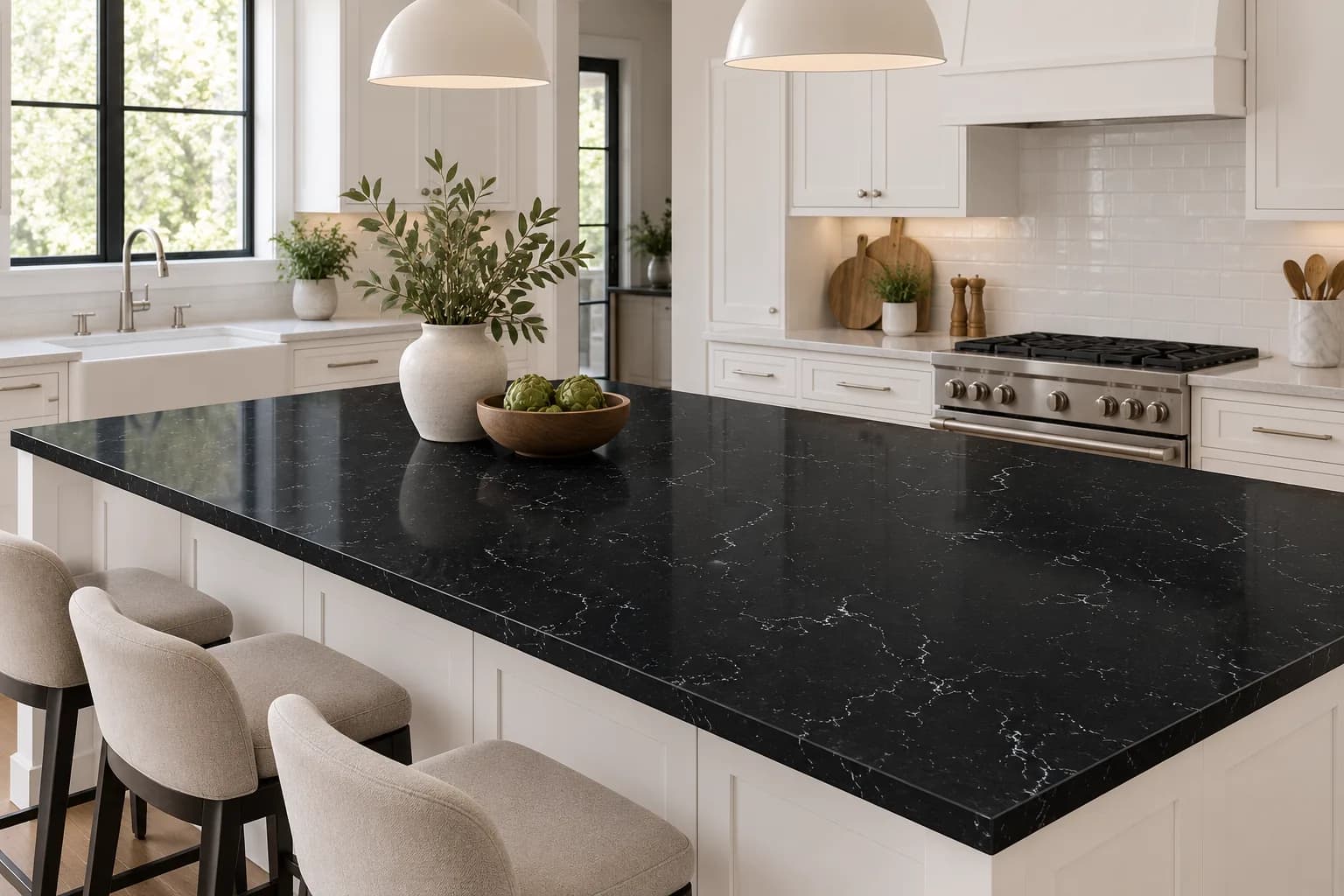 S109 Midnight quartz slab, kitchen island