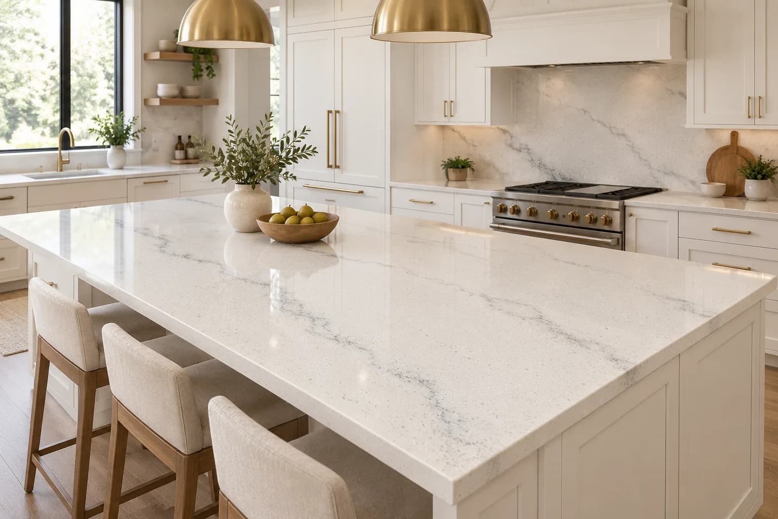 S110 Berkner White quartz slab, kitchen island