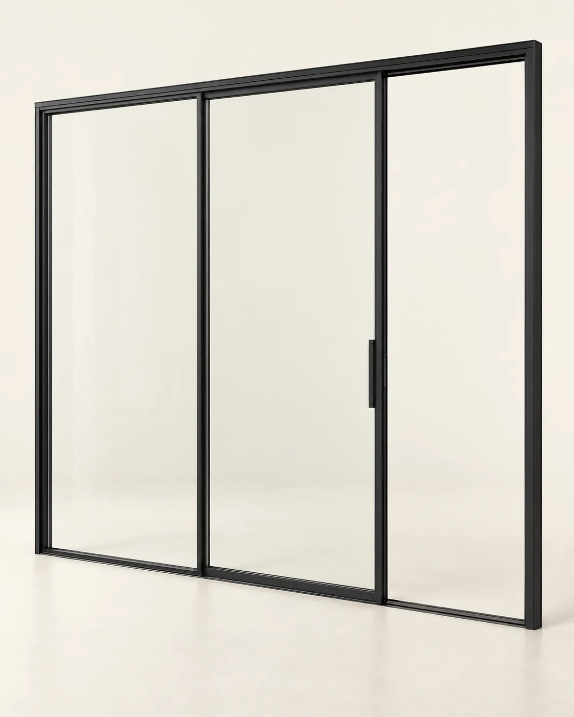 Series 175 Minimalist sliding door · 2 panels, open · three-quarter, black frame