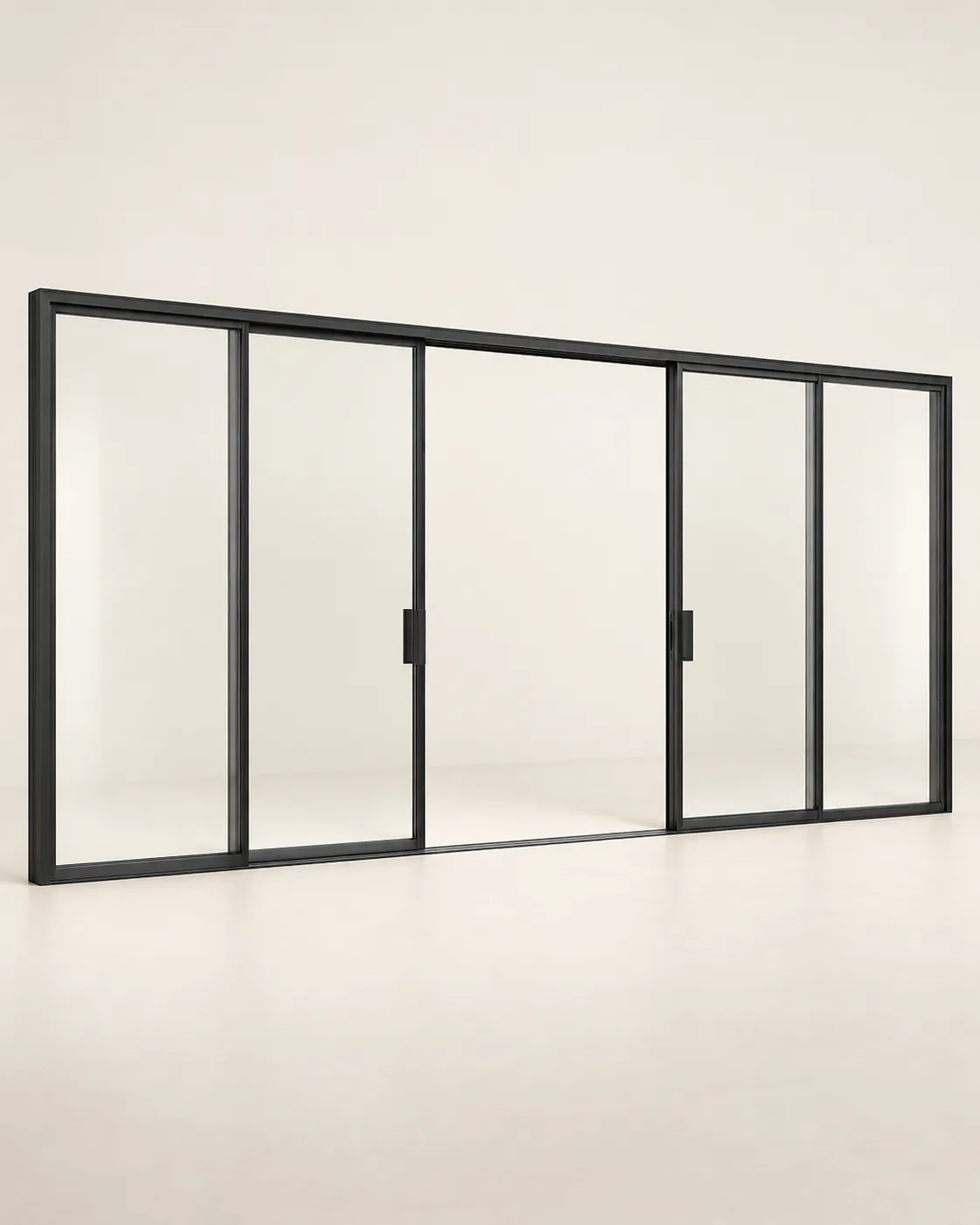 Series 175 Minimalist sliding door · 4 panels, open · three-quarter, black frame