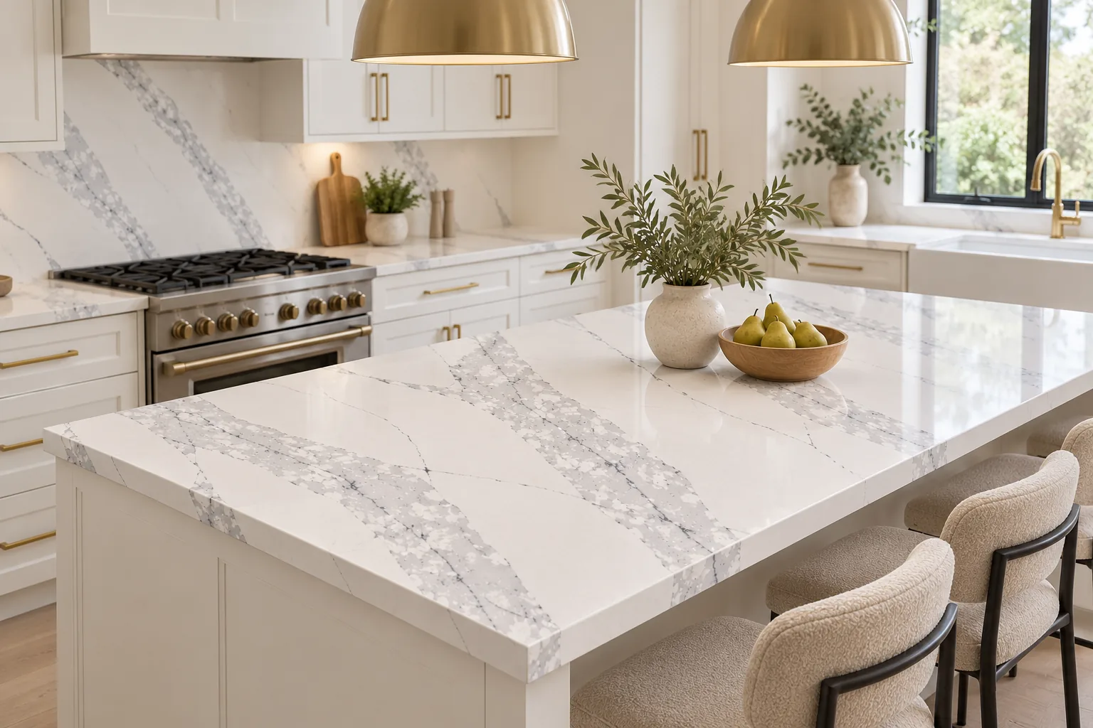 S313 Jade Peak quartz slab, kitchen island