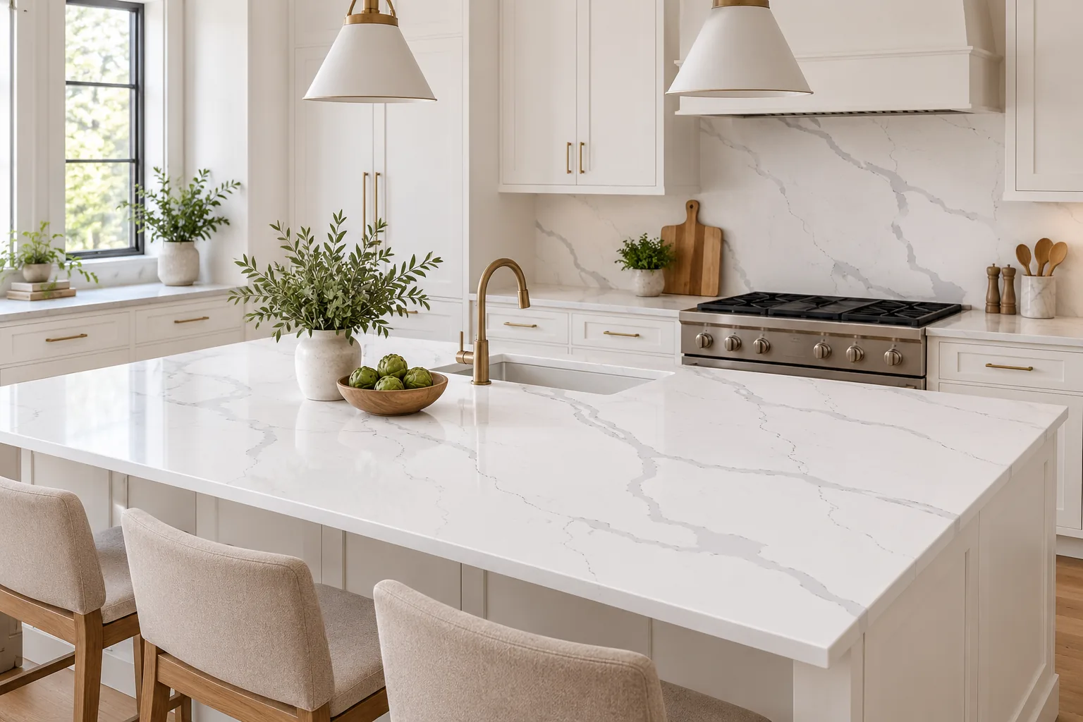 S514 Sophie White quartz slab, kitchen island