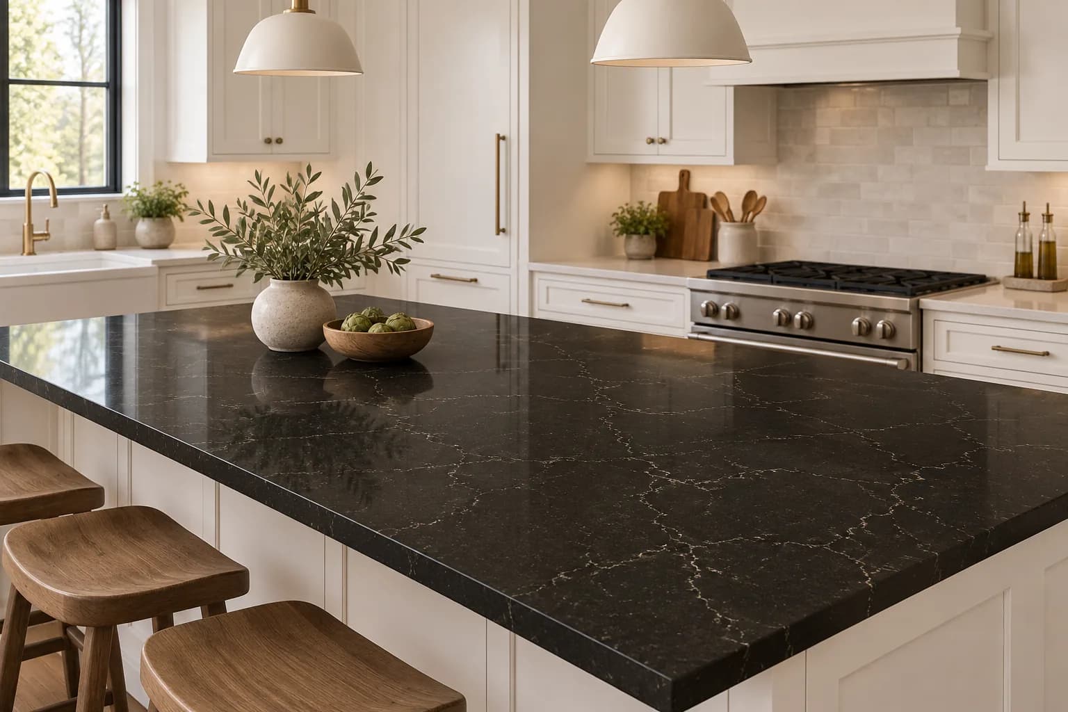 S706 Nero Vein quartz slab, kitchen island