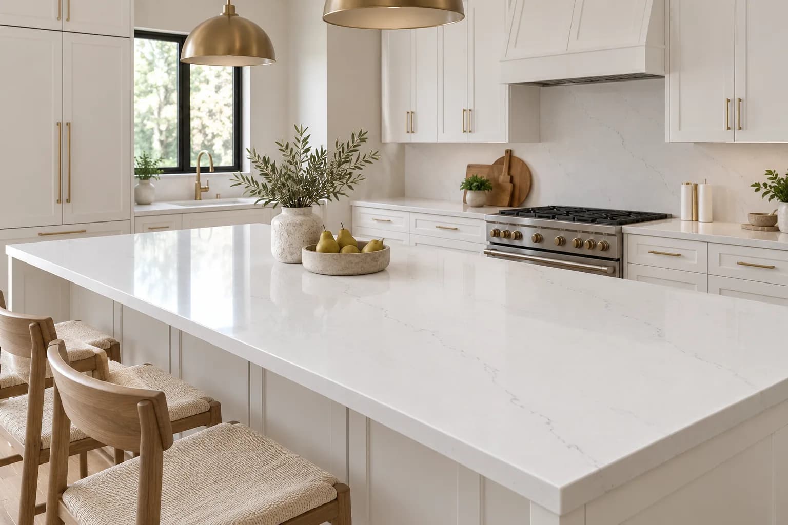 S709 Camus White quartz slab, kitchen island