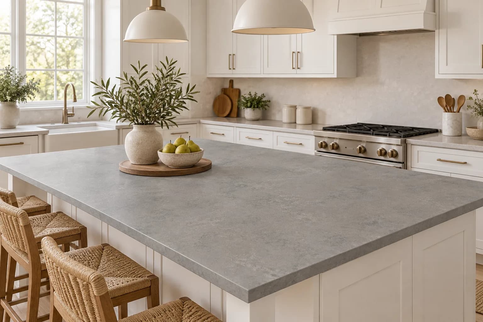 S711 Roman Travertine Grey quartz slab, kitchen island