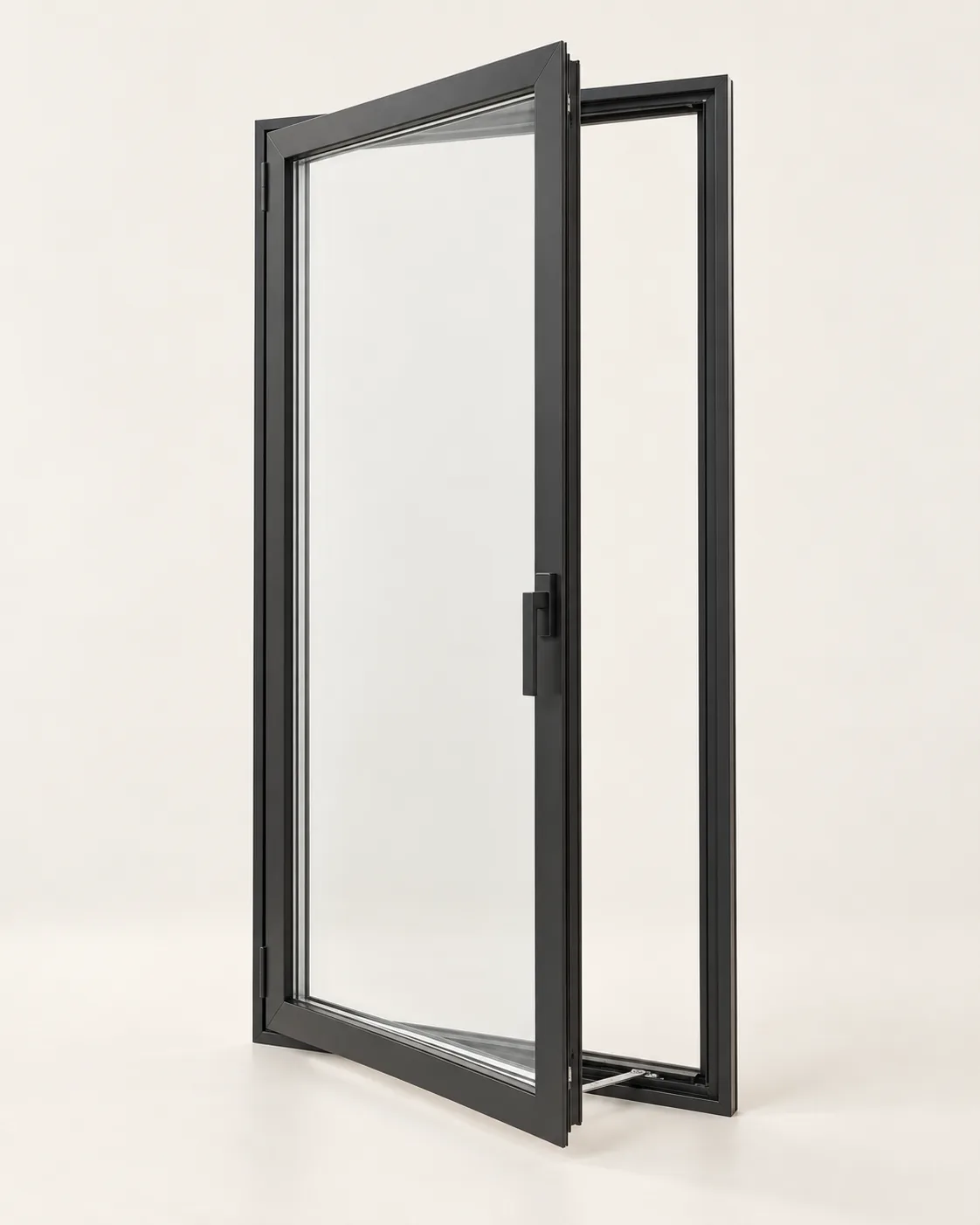 Series 86 Casement window, open · three-quarter, black frame