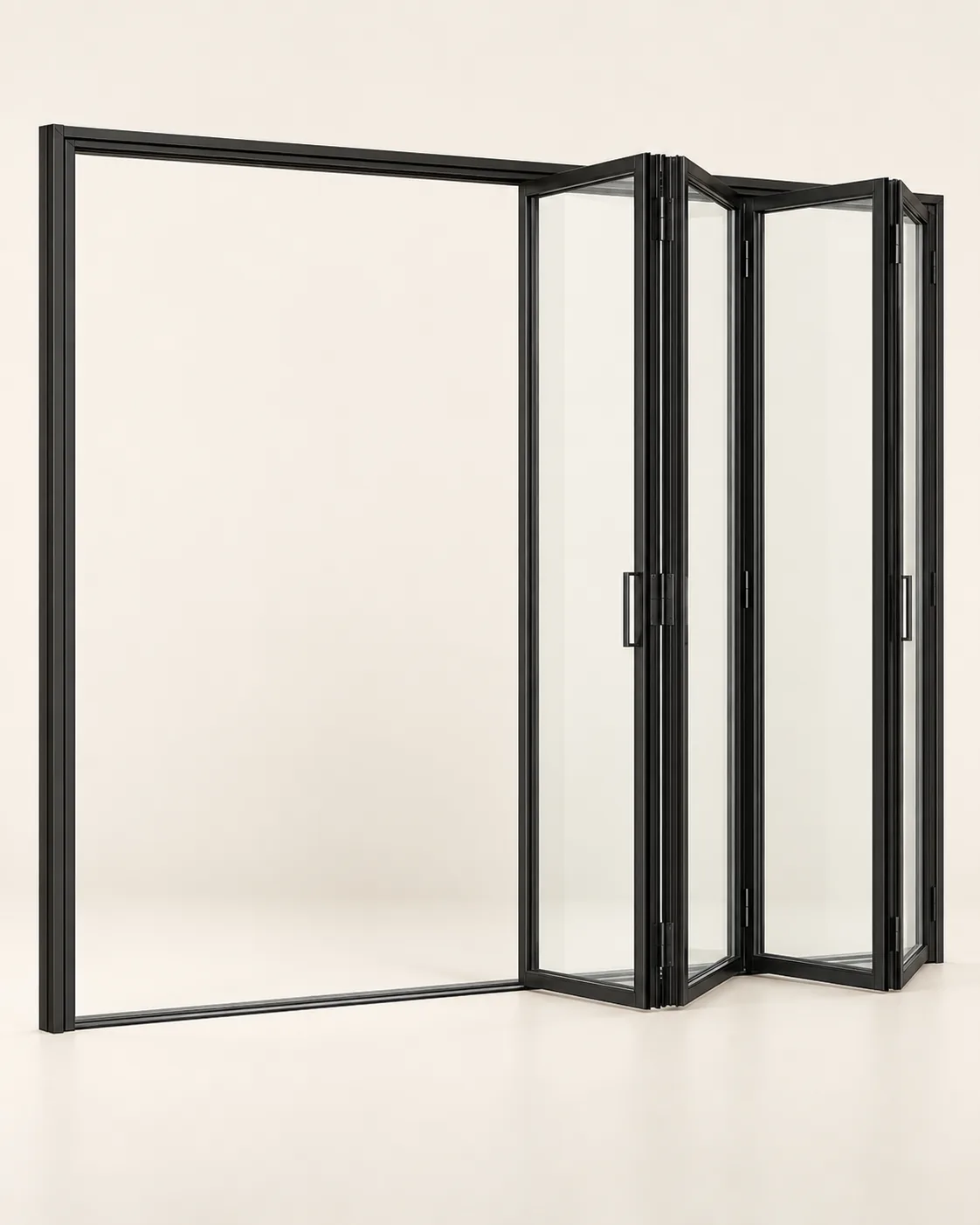 Series 95 Folding door · 4 panels, open · three-quarter, black frame