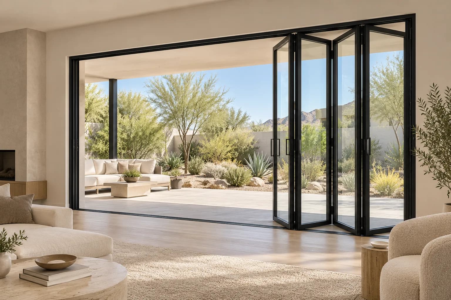 Series 95 Folding door · 4 panels, living room, black frame